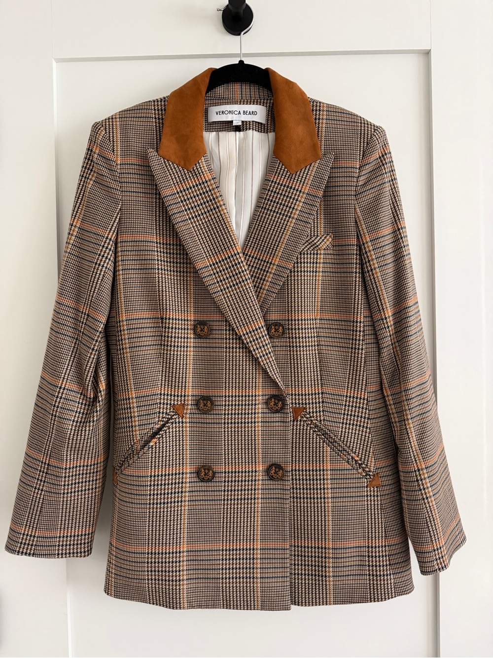 Veronica Beard Brown Plaid Double-Breasted Blazer with Suede Collar